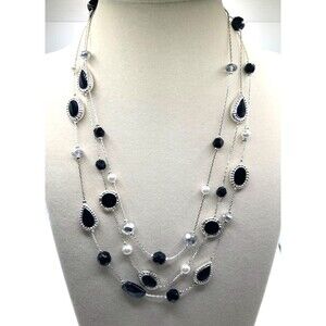 WHITE HOUSE BLACK MARKET Silver Tone Layered Black Accented Beaded Necklace 17"